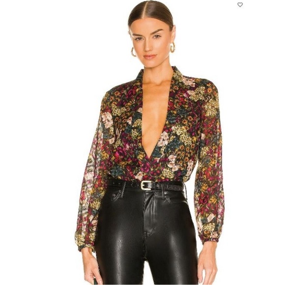 REVOLVE Tops - REVOLVE x Amanda Uprichard Hera Floral Plunge Neck Long Sleeve Bodysuit Size M